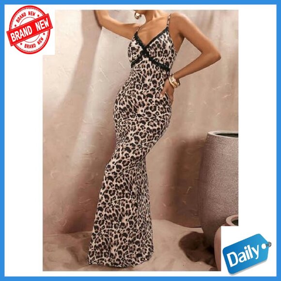 Stretchy Knit Bodycon Maxi Dress Spaghetti Strap Y2K Animal Print - Picture 3 of 6